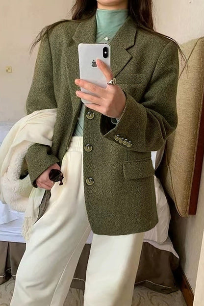 Blazer élégant en tweed vert pour femmes avec revers cranté