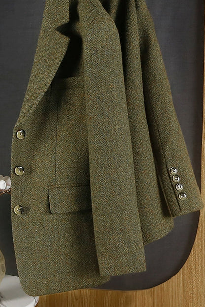 Blazer élégant en tweed vert pour femmes avec revers cranté